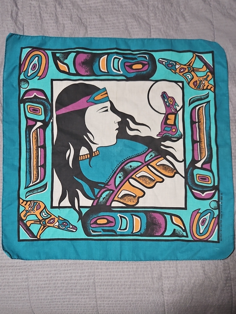 Vintage 90s Pacific Northwest Native American Art Bandana Turquoise Purple